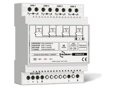 Velbus 4kanaals relais module met 4x 220Volt doorvoer VMB4RYLD